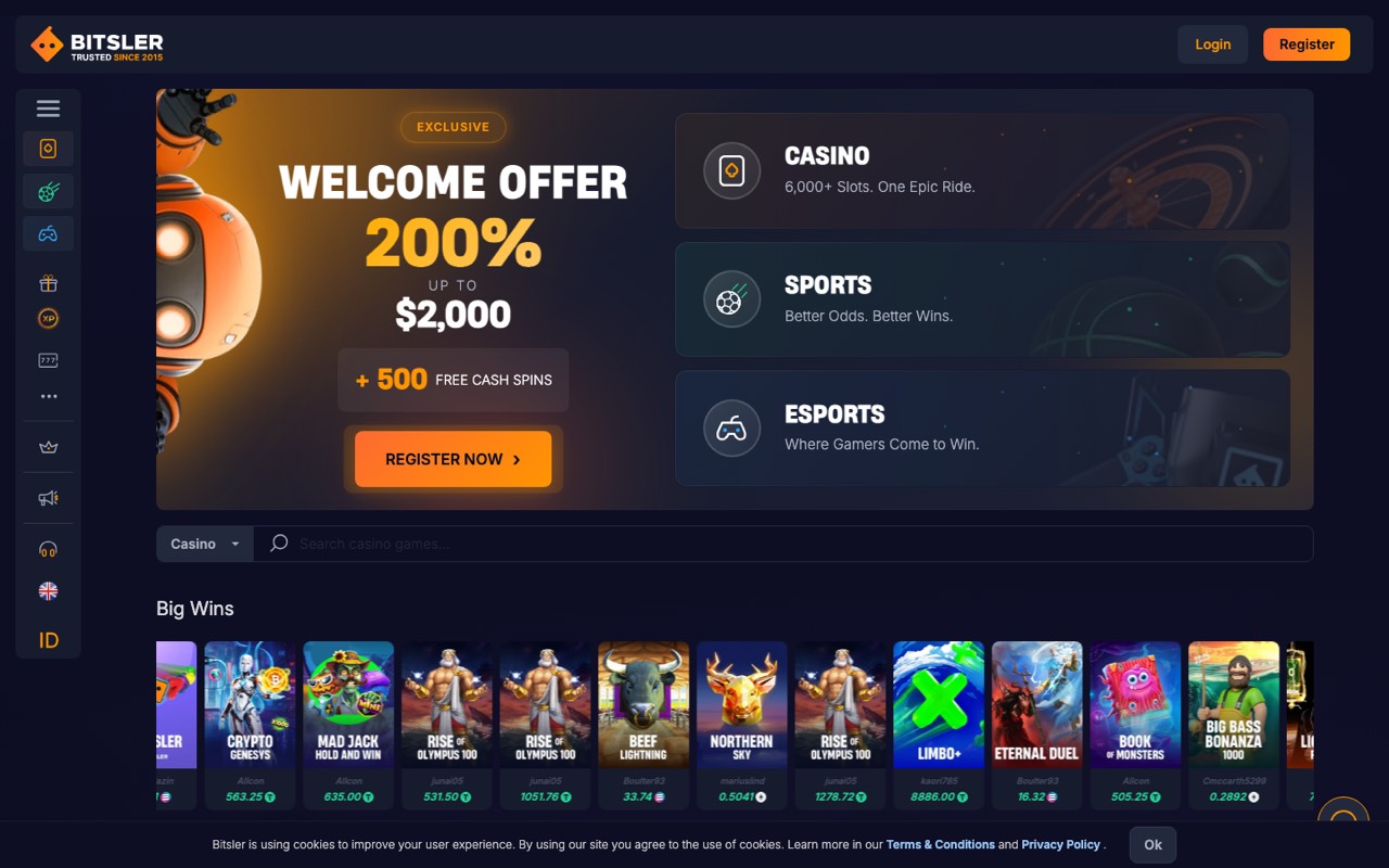 Bitsler crypto casino homepage showing games lobby and welcome bonus banner for Canadian players