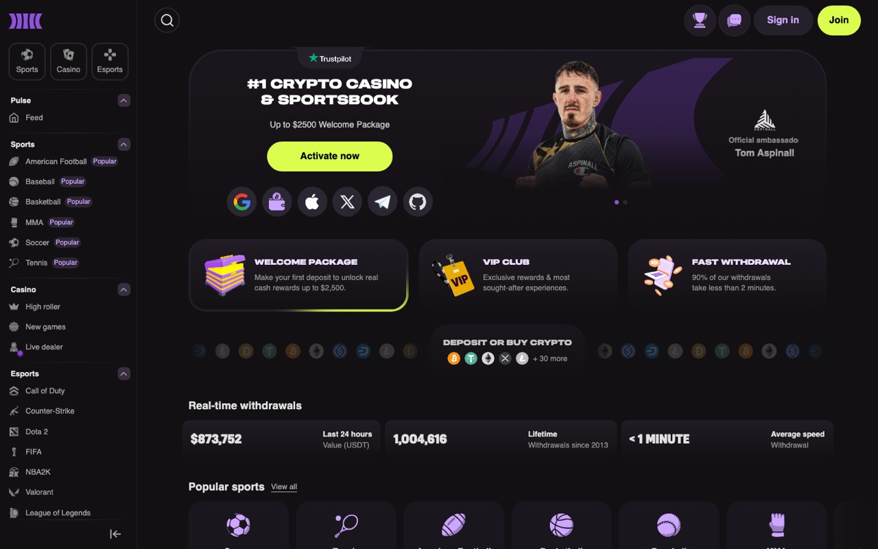 Cloudbet crypto casino and sportsbook homepage as seen from Canada