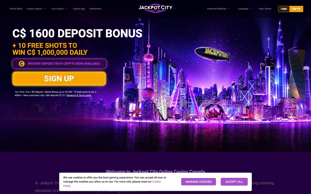 JackpotCity casino homepage for Canadian players showing the crypto deposit banner