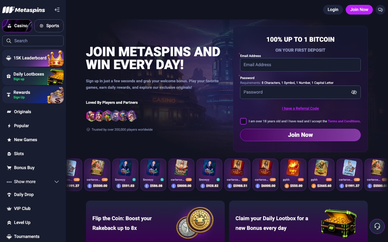 Metaspins crypto casino homepage, a 2022 newcomer offering wager-free rakeback to Canadian players